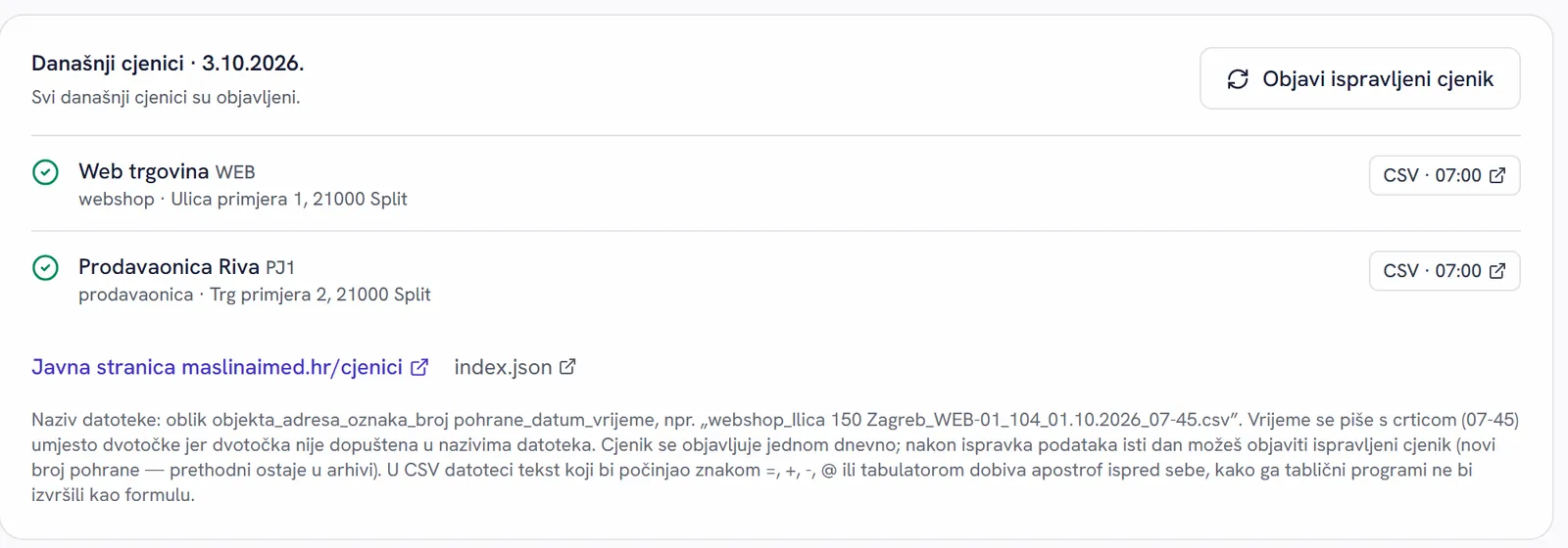 Pregled današnjih cjenika u administraciji FINSHOP trgovine: objavljene CSV datoteke za web trgovinu i prodavaonicu