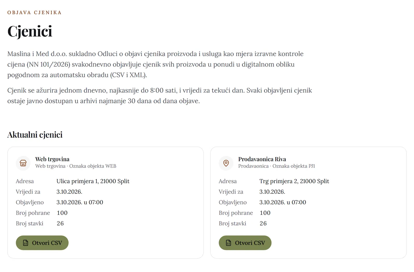Javna stranica /cjenici FINSHOP trgovine s današnjim cjenikom web trgovine i prodavaonice, brojem pohrane i vremenom objave