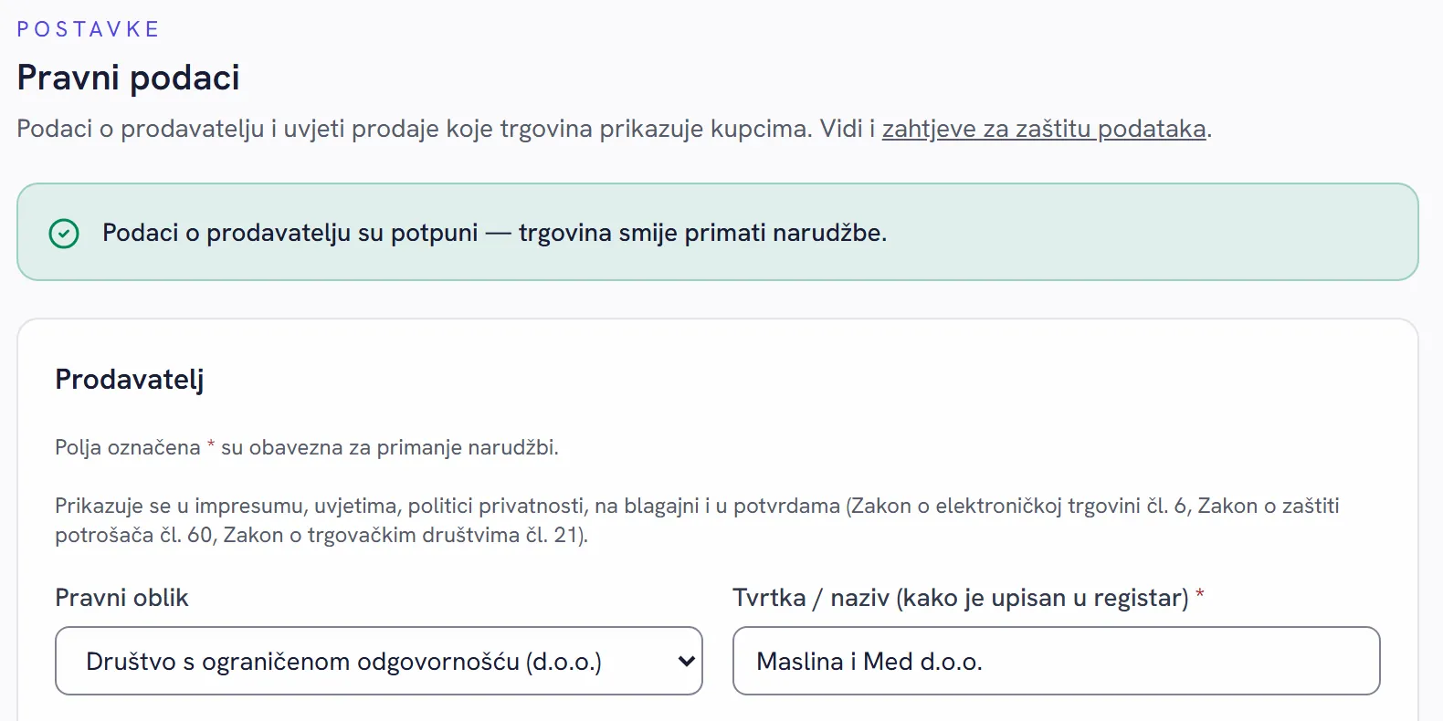 Stranica Pravni podaci u administraciji FINSHOP trgovine s potvrdom da su podaci o prodavatelju potpuni